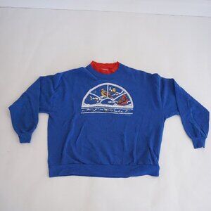 Vintage Morning Sun Blue Cardinal Birds Snow Window Winter Graphic Sweatshirt L